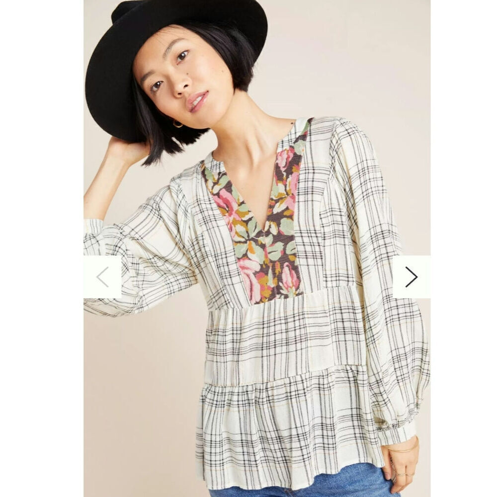 ANTHROPOLOGIE Darlene Plaid Peasant Blouse, sz Small